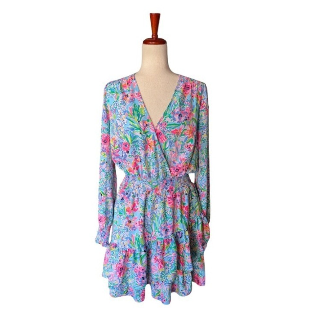 Lilly Pulitzer‎ Cristiana Blue Pink Floral Smocked Ruffle Mini Dress Womens 8